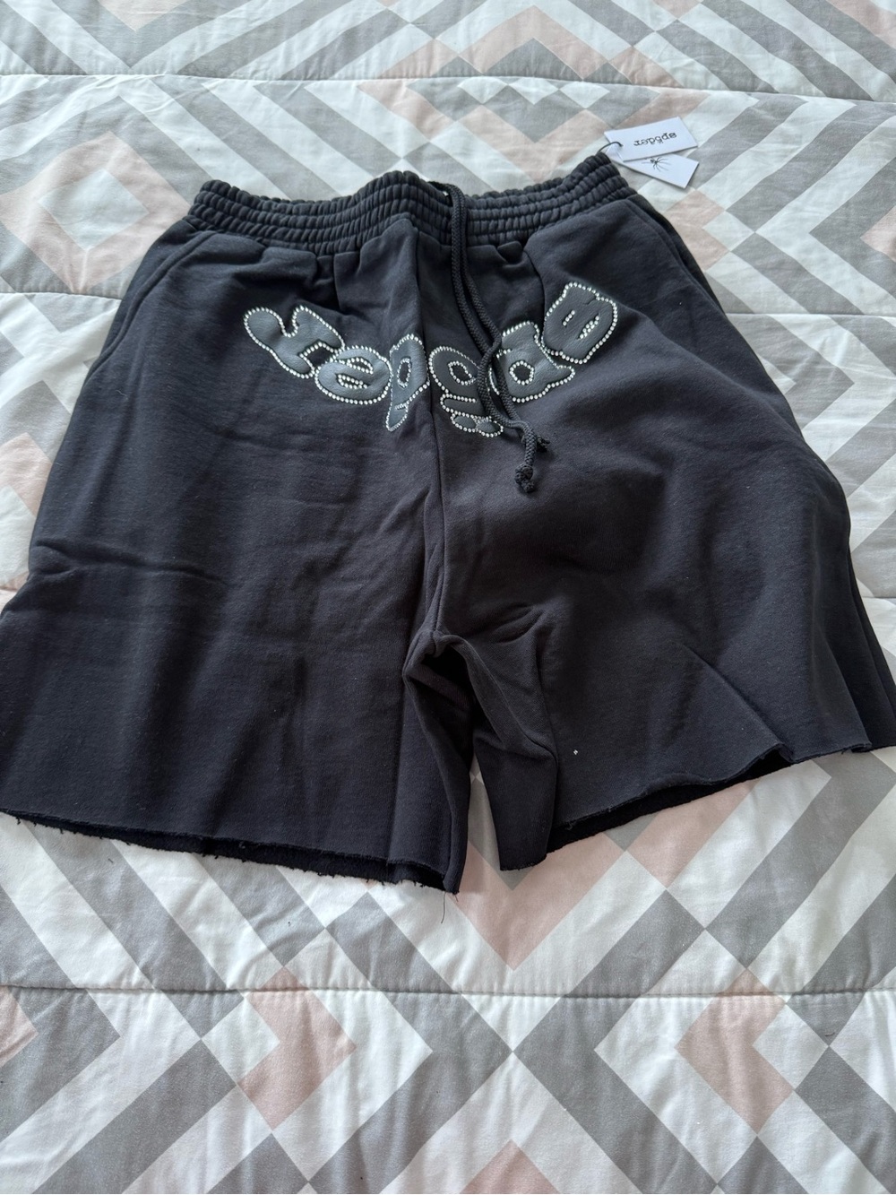 Sp5der OG Logo Rhinestone Black Embellished Logo Sweat Shorts